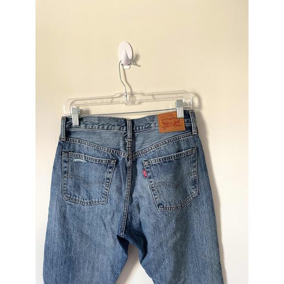 Levi's High Rise Color Block Raw Hem Straight Ankle Denim Jeans Blue Size 27 - Picture 6 of 7